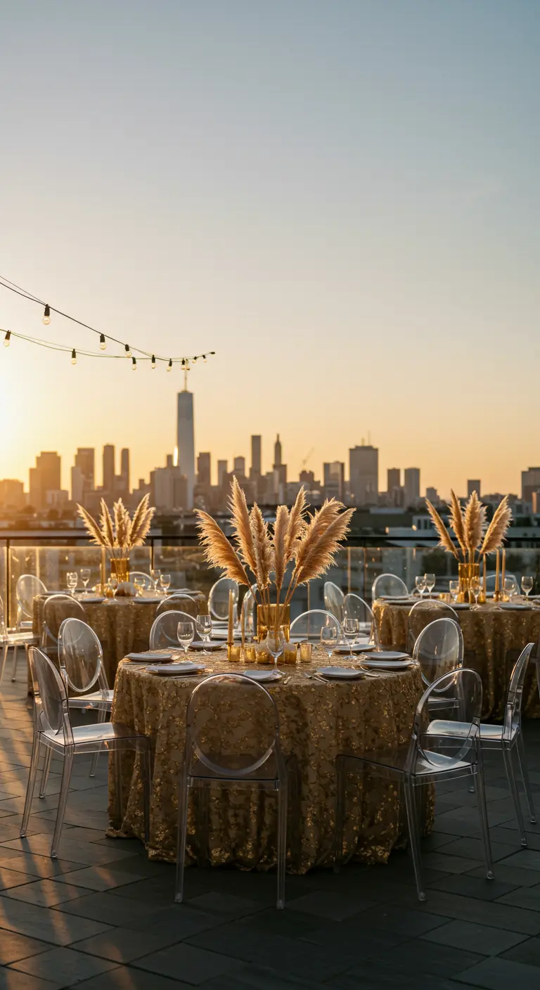 Mesas de boda en una azotea al atardecer, con manteles dorados y vistas a la ciudad.