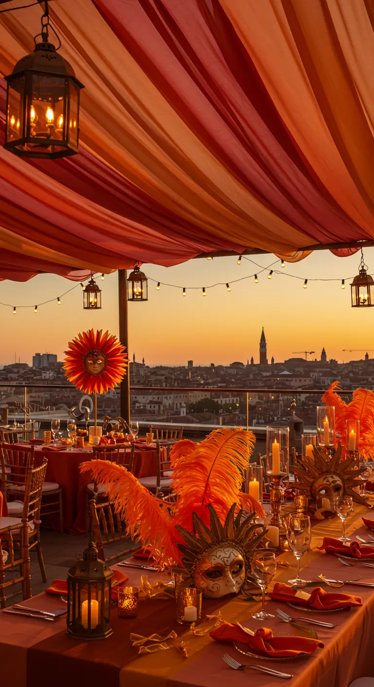Mesa en una azotea decorada en tonos naranjas y rojos, con vistas a una ciudad al atardecer.