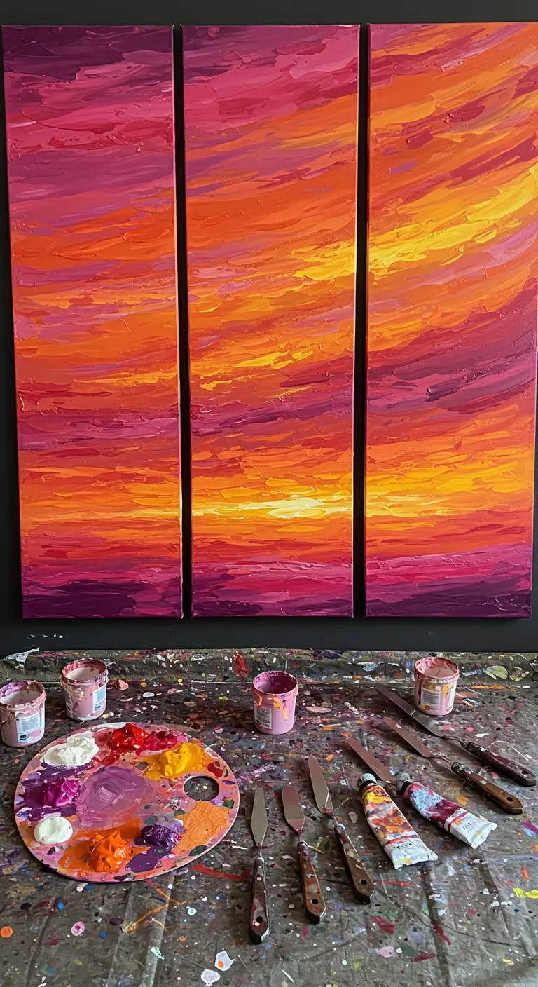 Tríptico de un atardecer abstracto con colores intensos.