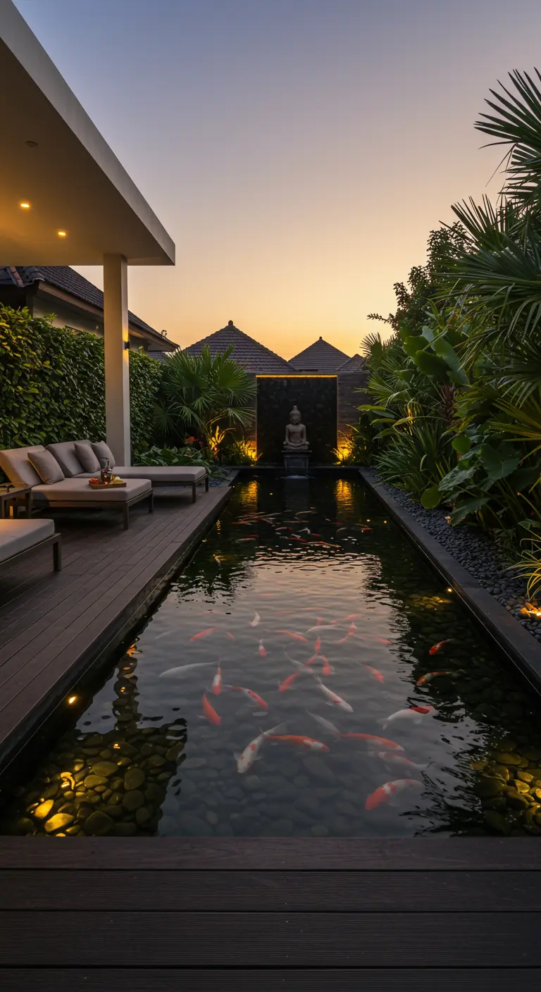 Jardín moderno con estanque de peces koi rectangular y terraza de madera al atardecer.