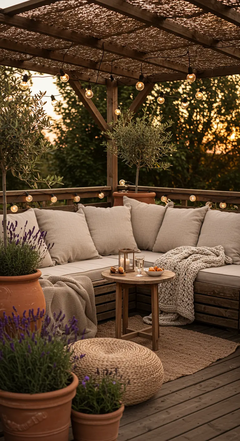 Terraza de madera con pérgola, sofá en L con cojines de lino beige y guirnaldas de luces cálidas.