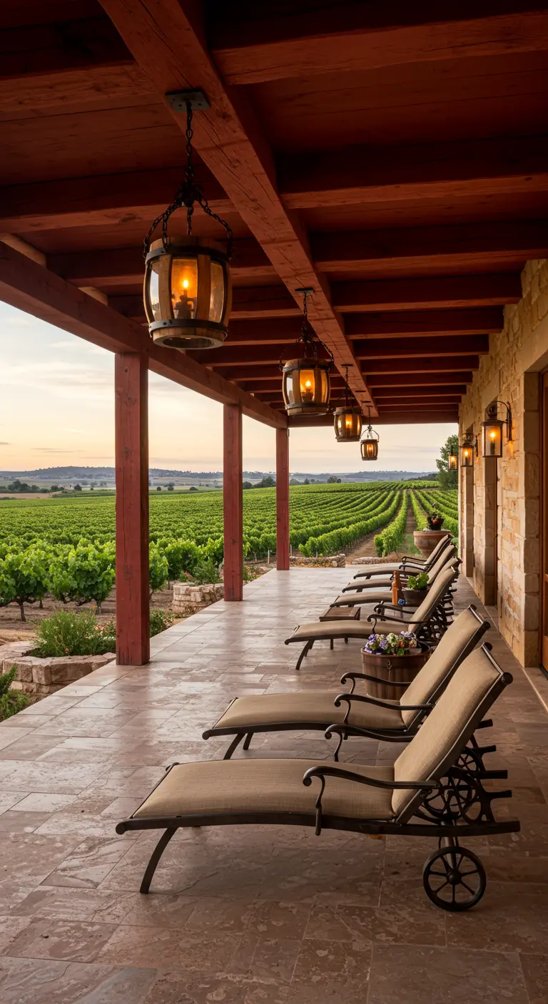 Porche de una bodega con vistas a viñedos y faroles en forma de barril de madera