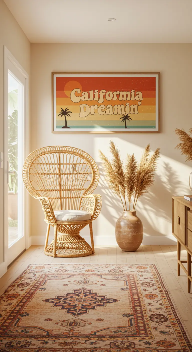 Rincón de lectura con una silla de ratán y un gran póster vintage que dice 'California Dreamin''.