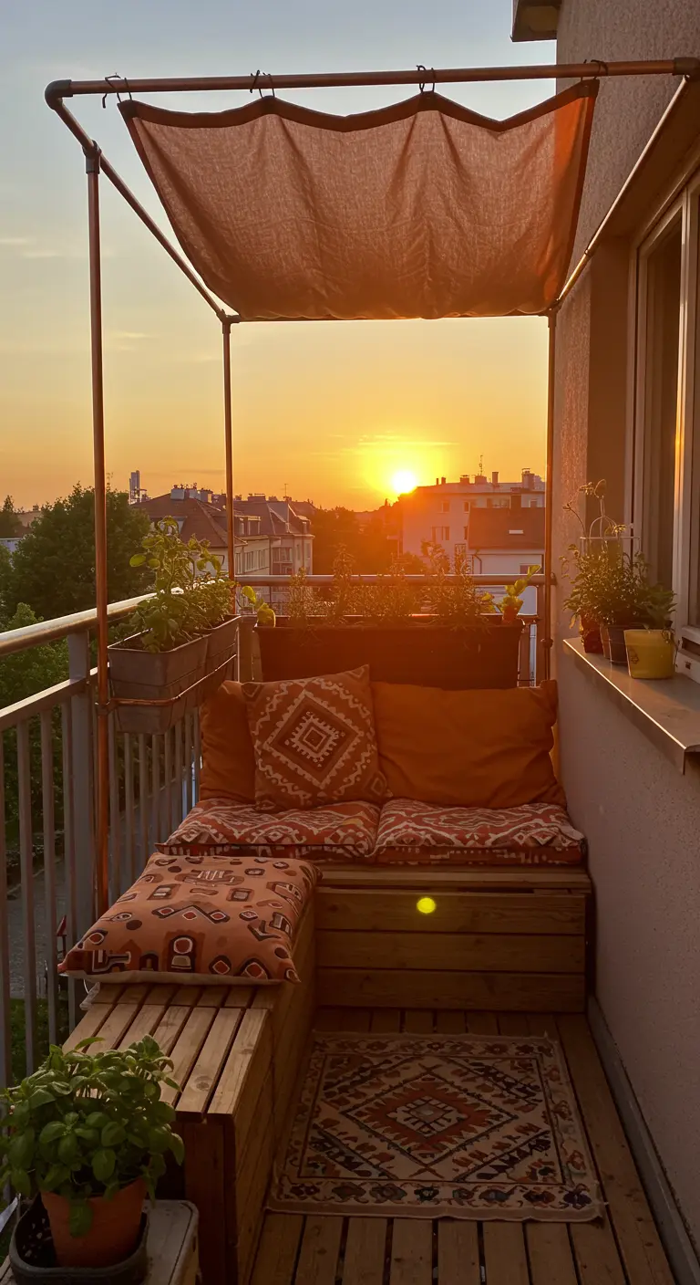 Balcón pequeño al atardecer con una estructura de cobre, toldo de tela y banco de madera con cojines.