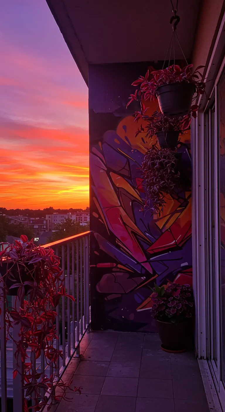 Balcón con un mural de grafiti en tonos cálidos que se mimetiza con un espectacular atardecer.