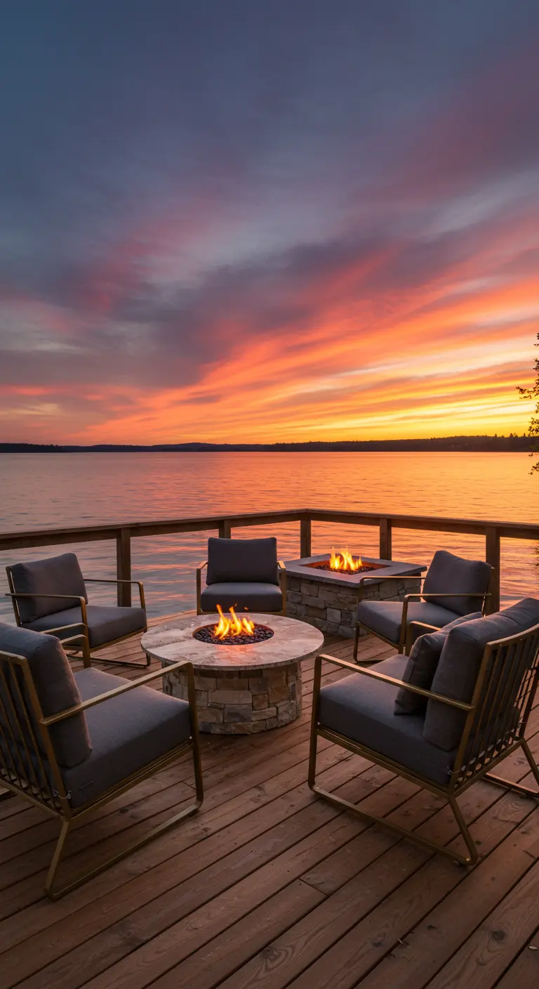 Terraza de madera junto a un lago al atardecer, con un brasero y sillones cómodos alrededor