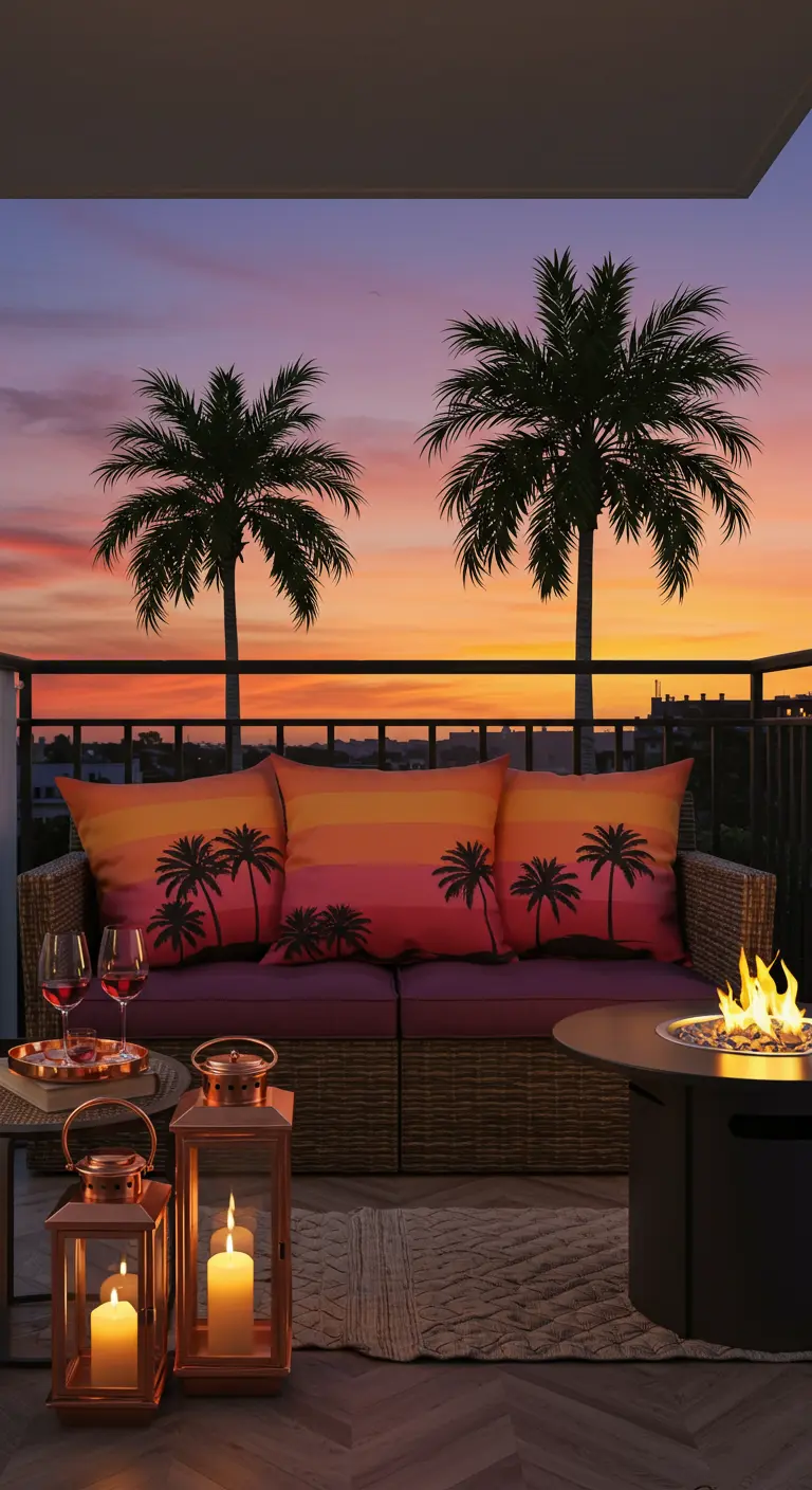 Balcón con sofá y cojines en tonos de atardecer, y una mesa con un pequeño fuego