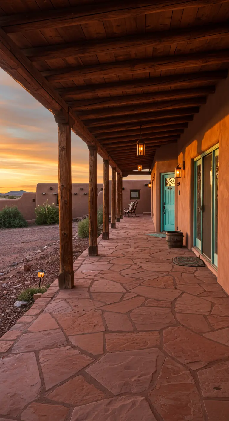 Largo porche de estilo suroeste con suelo de terracota, vigas de madera y una puerta turquesa.