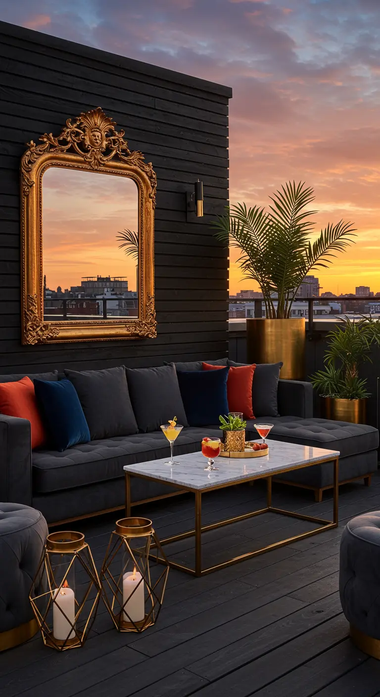 Terraza urbana con sofá gris, pared negra y un gran espejo dorado rococó reflejando el atardecer.