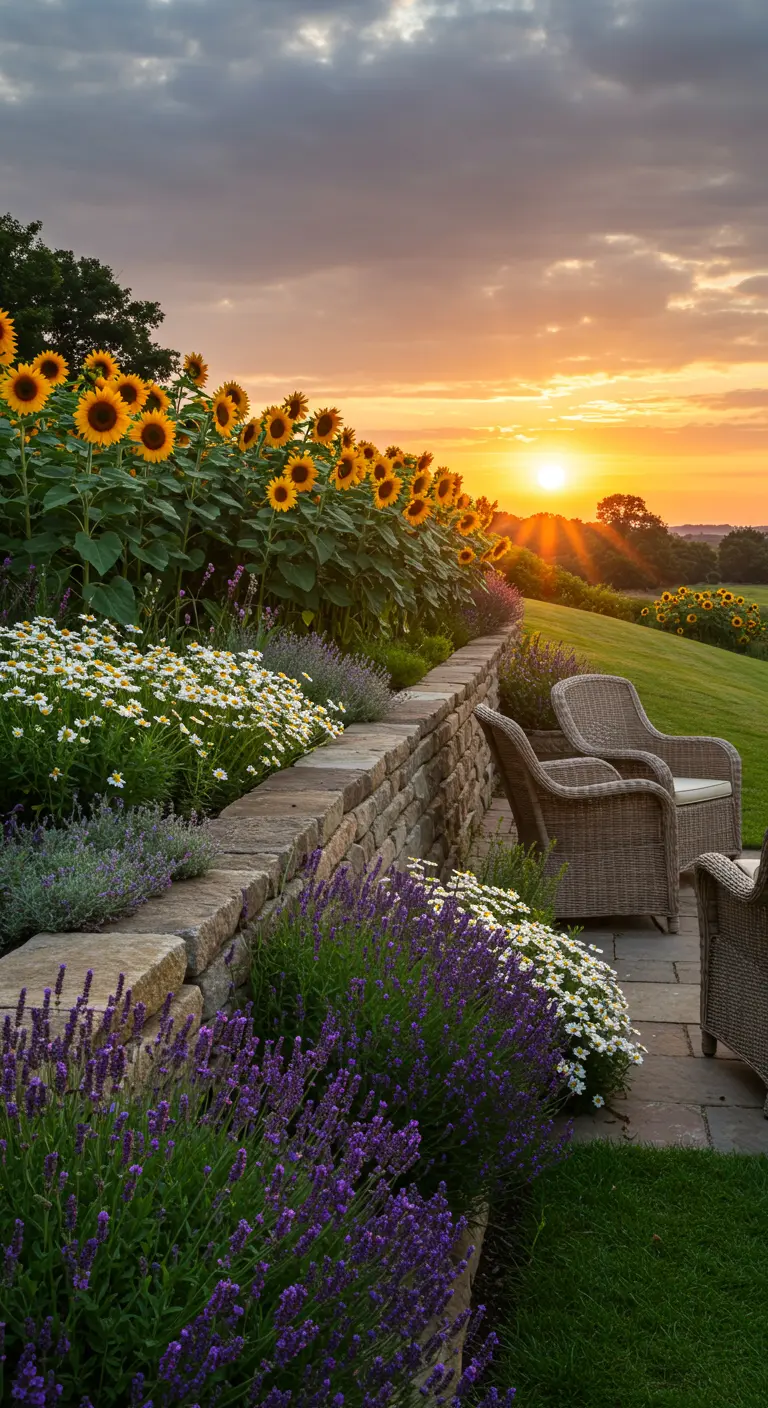 Terraza con muro de piedra y bancal de flores. Dos sillas de mimbre miran la puesta de sol sobre los girasoles.
