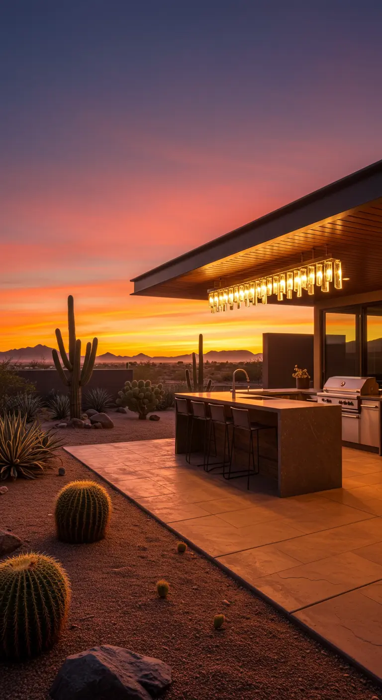 Cocina exterior en un entorno desértico con una hilera de lámparas de cristal sobre la barra.