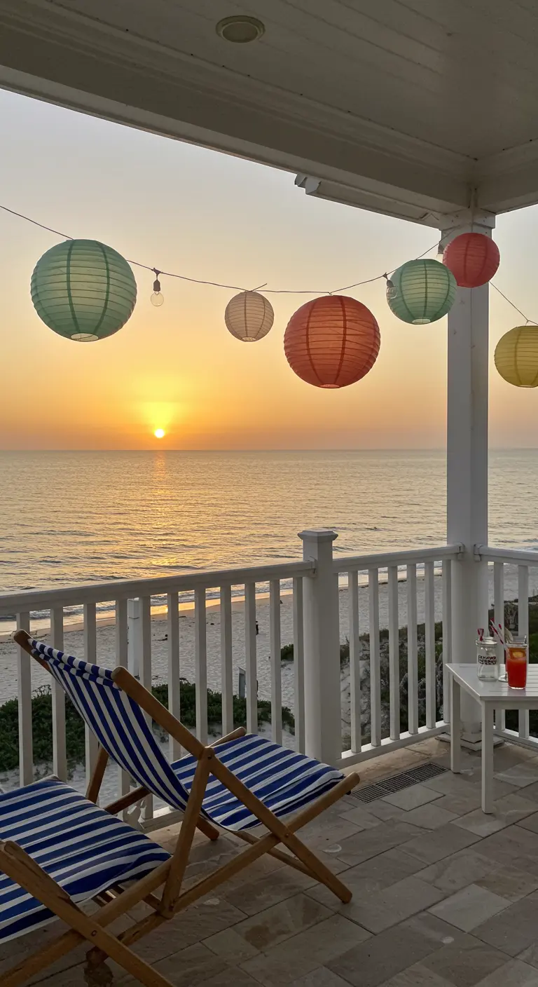 Balcón con vistas al mar al atardecer, decorado con una guirnalda de lámparas de papel de colores suaves