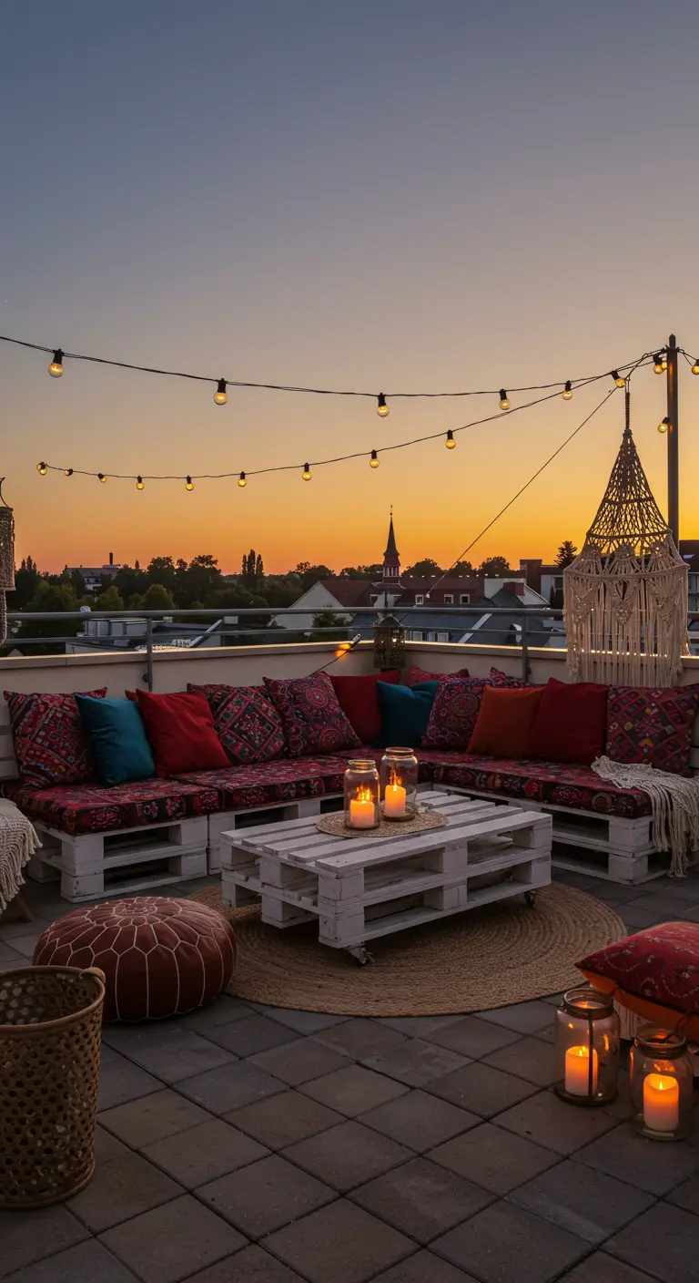 Terraza bohemia al atardecer con un gran sofá de palets, cojines coloridos y guirnaldas de luces.