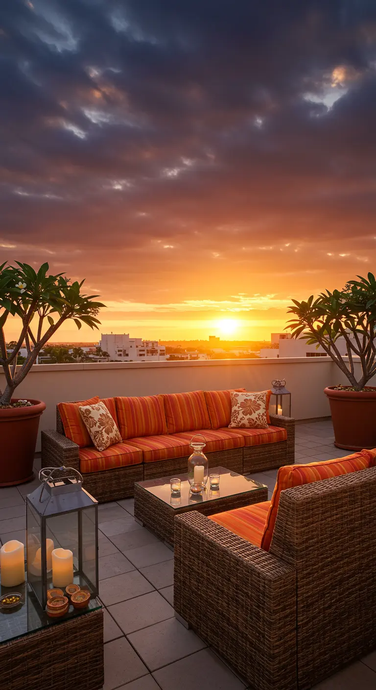 Azotea con sofás de rattán y cojines naranjas durante un espectacular atardecer.