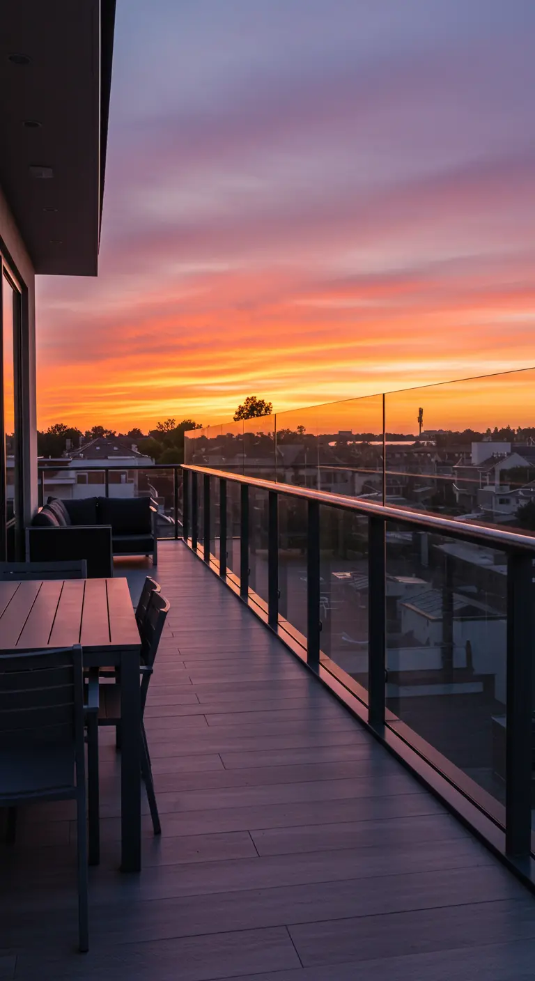 Balcón largo con suelo de madera y barandilla de cristal frente a un espectacular atardecer
