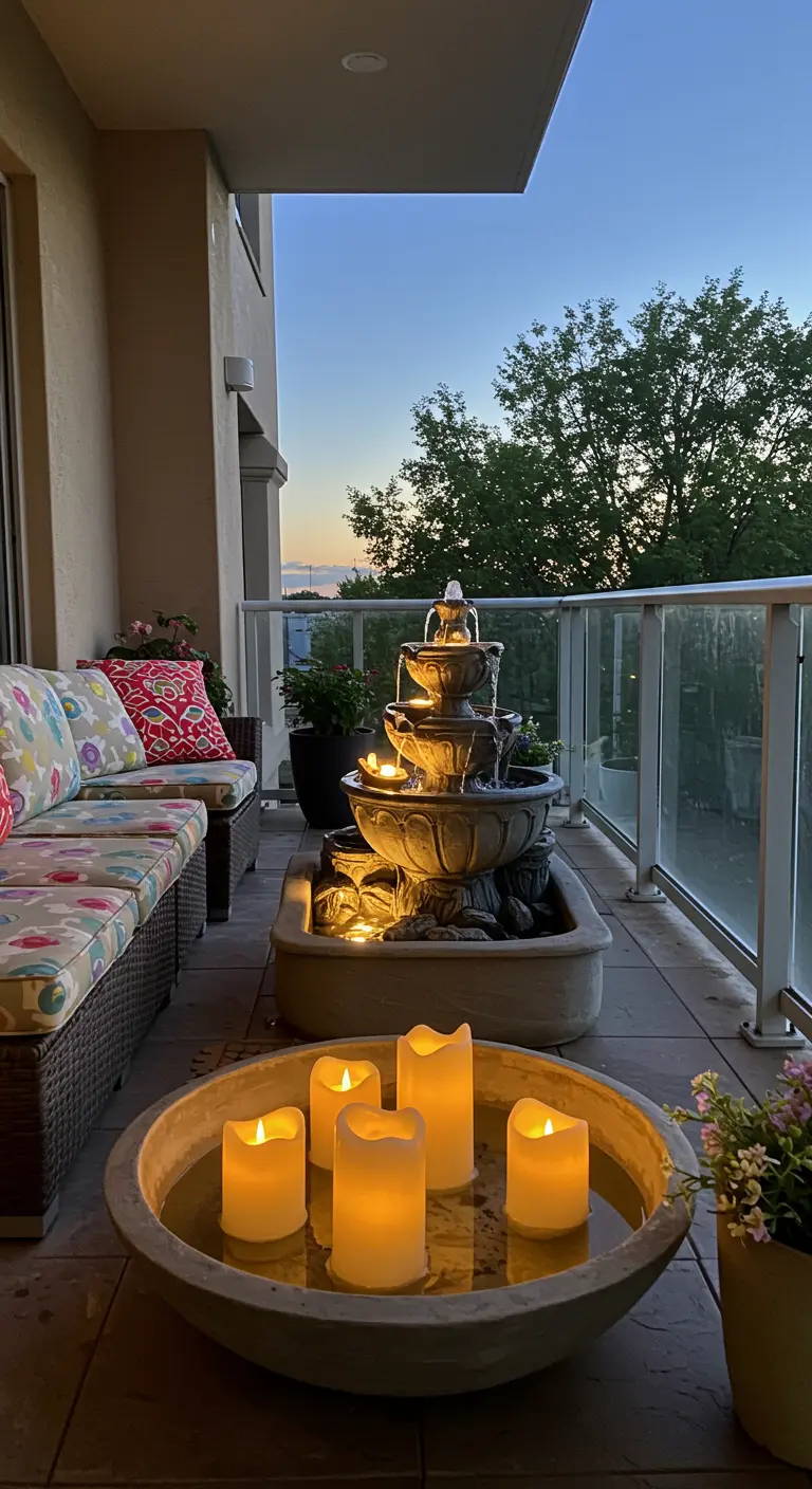 Balcón con sofá de mimbre, una fuente clásica de varios niveles y un cuenco con velas LED flotantes