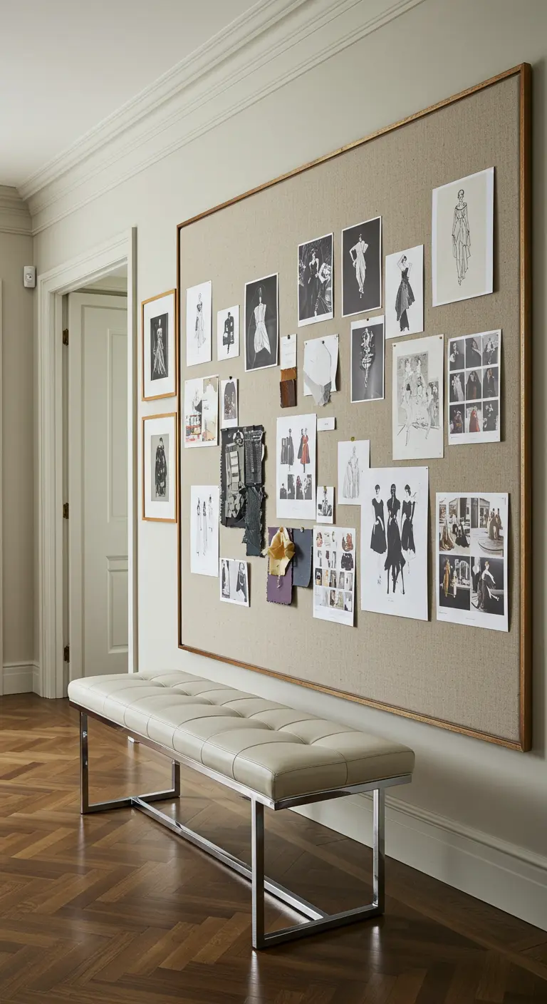 Pared convertida en un gran tablero de inspiración de moda, con un elegante banco de cuero.
