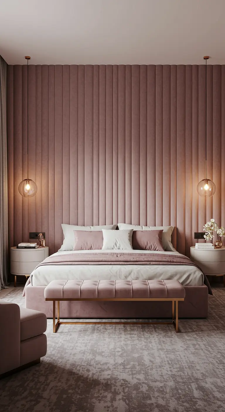 Pared completamente tapizada en terciopelo rosa acanalado detrás de una cama a juego.