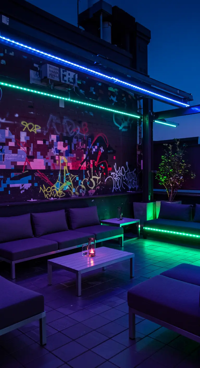 Terraza oscura con un grafiti en la pared y luces de neón azules y verdes creando un ambiente de club