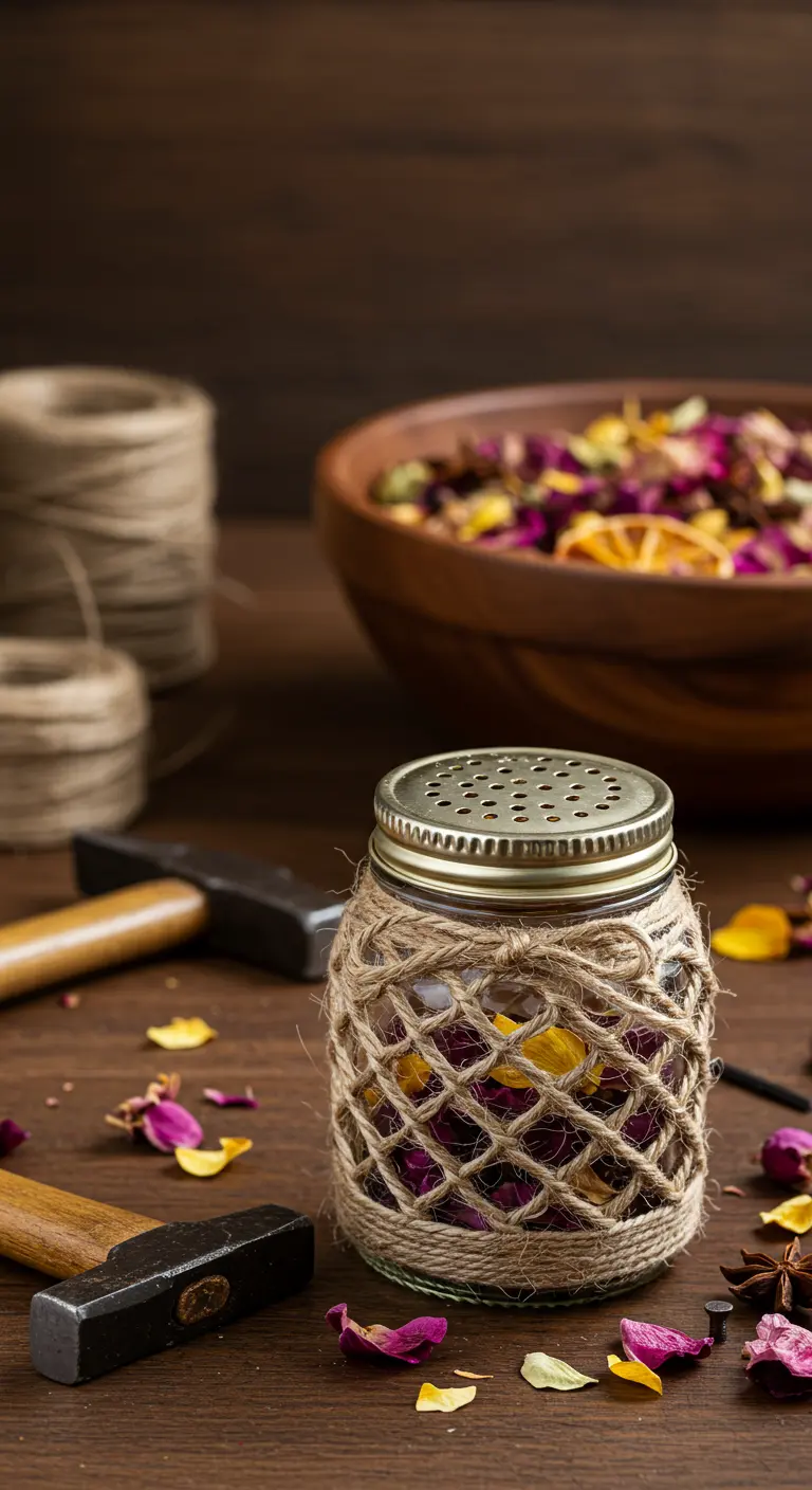 Frasco con popurrí cubierto por una red de yute y con tapa perforada.