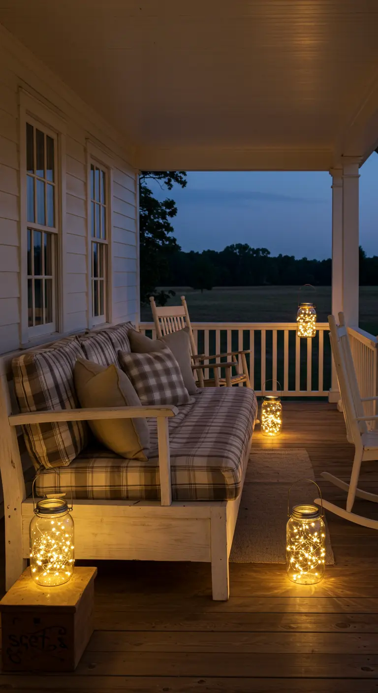 Porche de madera con un sofá blanco y tarros de cristal llenos de luces de hadas en el suelo.