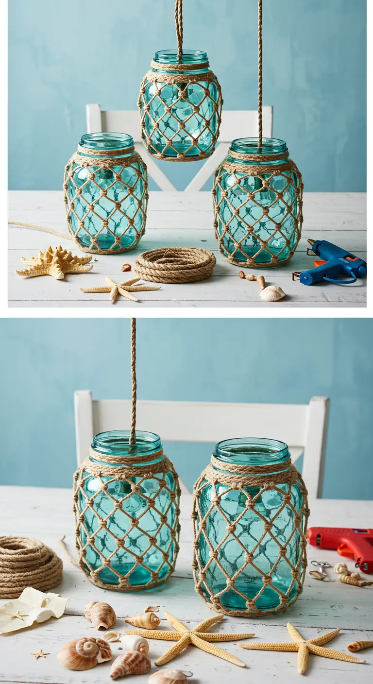 Lámparas DIY con frascos de vidrio azul envueltos en una red de cuerda de yute, estilo náutico.