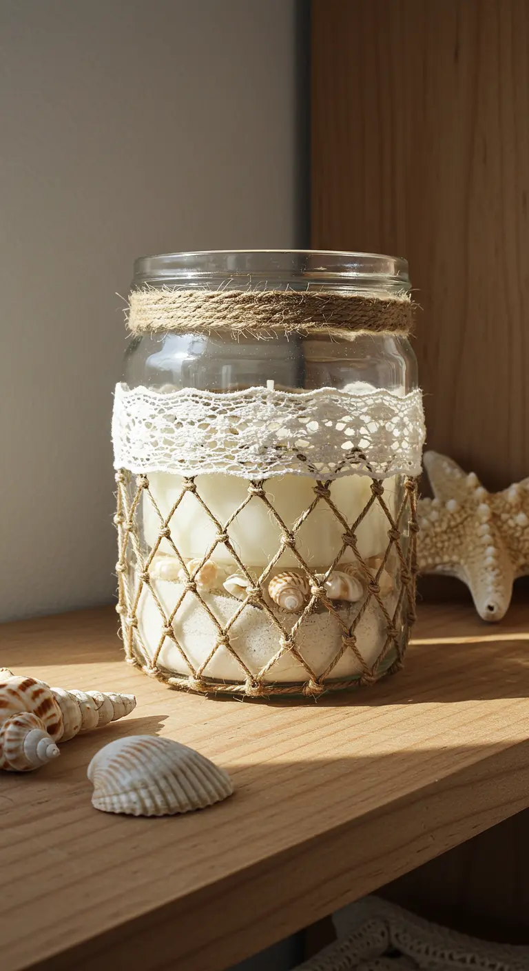 Vela en frasco de vidrio con decoración náutica de red de yute, conchas y encaje.