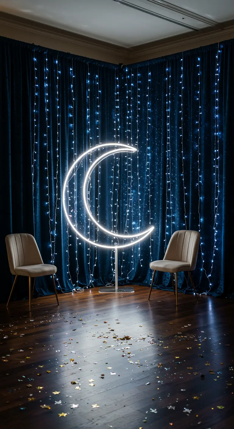 Fotomatón con cortina de terciopelo azul, luces de hadas y una gran luna de neón.