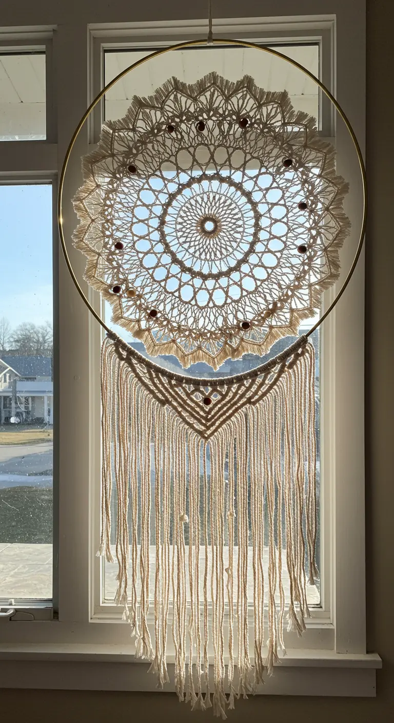 Atrapasueños de macramé con un mandala de encaje en un aro dorado, colgado en una ventana.