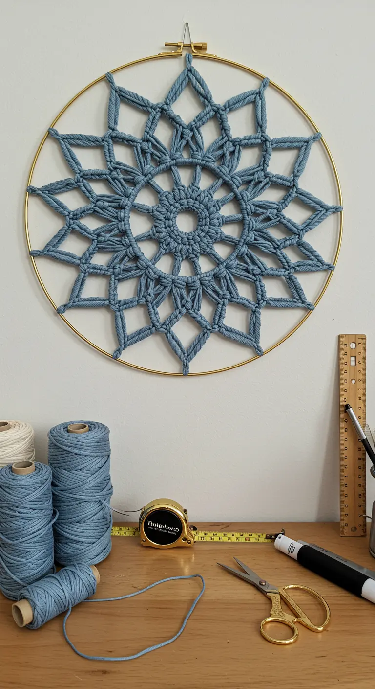 Mandala de macramé tejido en un aro metálico dorado con hilo de color azul