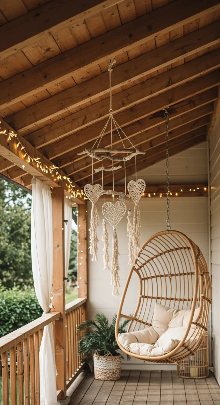 Móvil colgante de macramé con corazones tejidos y borlas en un porche con una silla colgante.