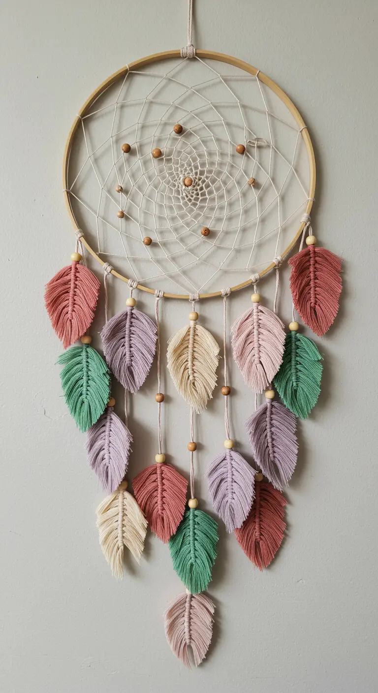 Atrapasueños de macramé con una cascada de hojas en múltiples colores pastel