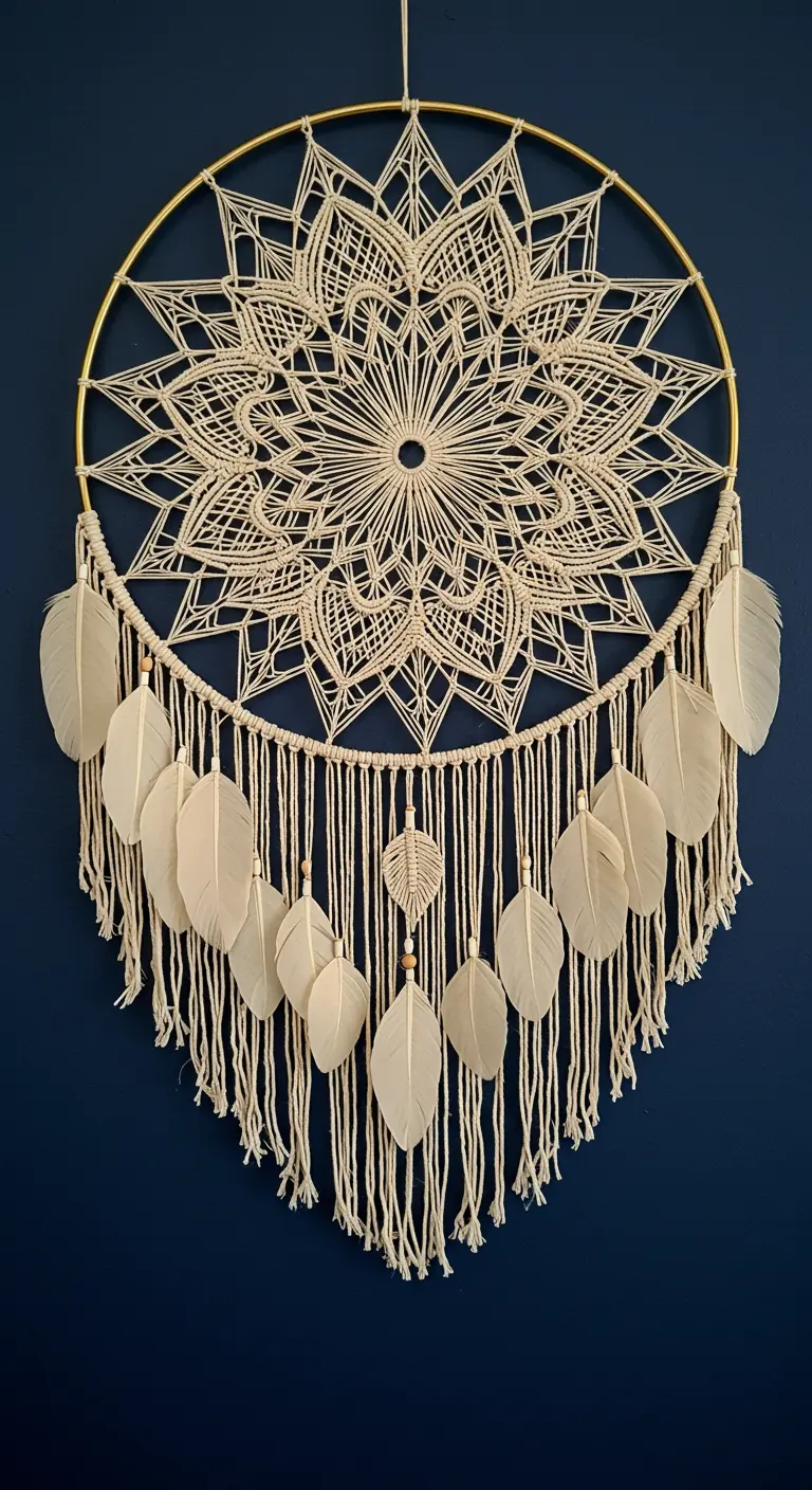 Atrapasueños de macramé estilo mandala con plumas blancas colgando sobre una pared azul