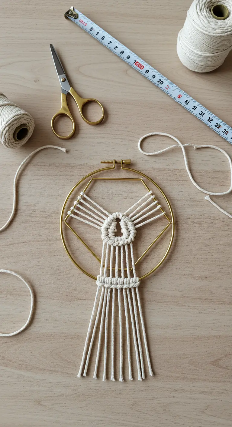Proceso de creación de un tapiz de macramé en un aro metálico hexagonal sobre una mesa de madera.
