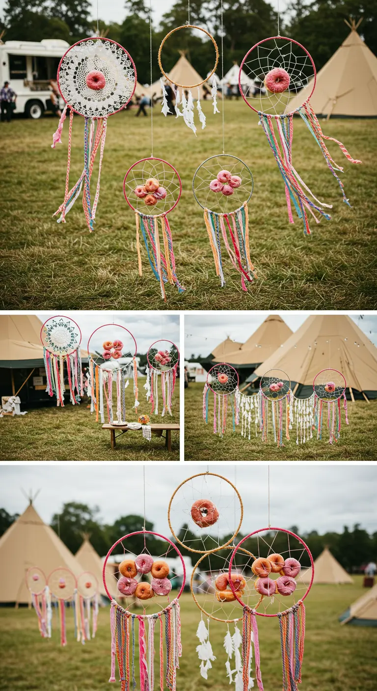 Donuts colgando de atrapasueños hechos a mano en un festival o boda al aire libre.