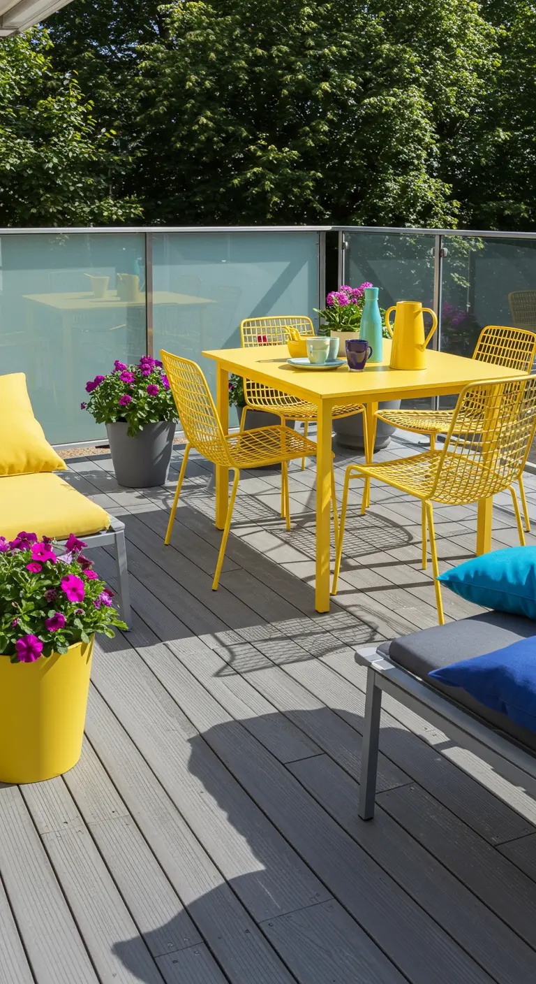 Terraza soleada con una mesa y sillas de metal pintadas de amarillo brillante y flores fucsias