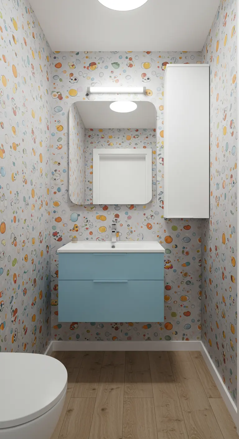 Baño infantil con mueble flotante azul y papel pintado de dibujos animados.
