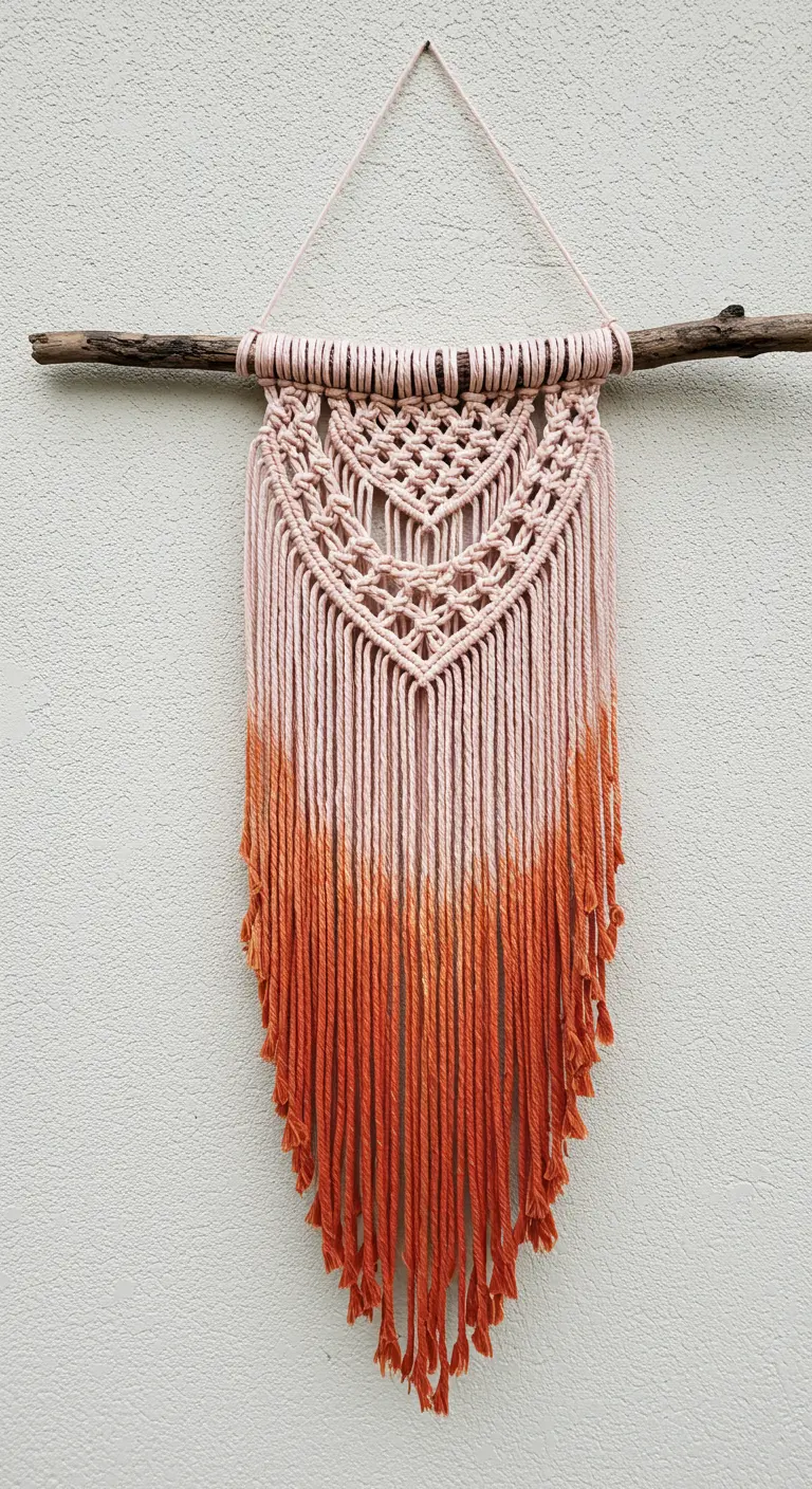 Tapiz de macramé colgado de una rama, con un degradado de rosa pálido a naranja intenso.