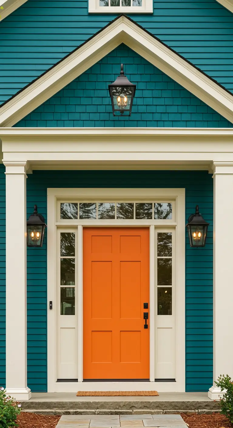 Fachada de casa color turquesa con molduras blancas y una puerta de entrada naranja vibrante