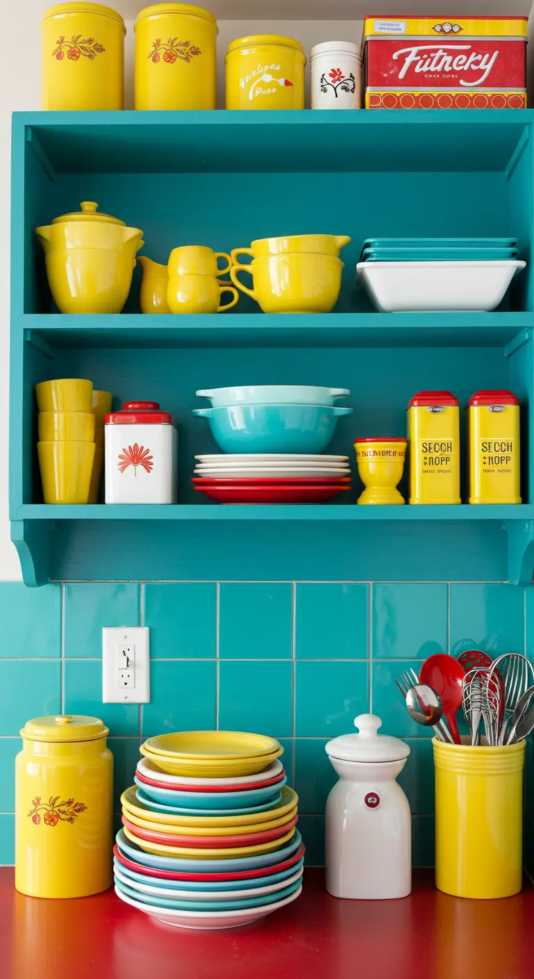 Estanterías de color turquesa intenso con vajilla y botes de cocina amarillos y rojos.