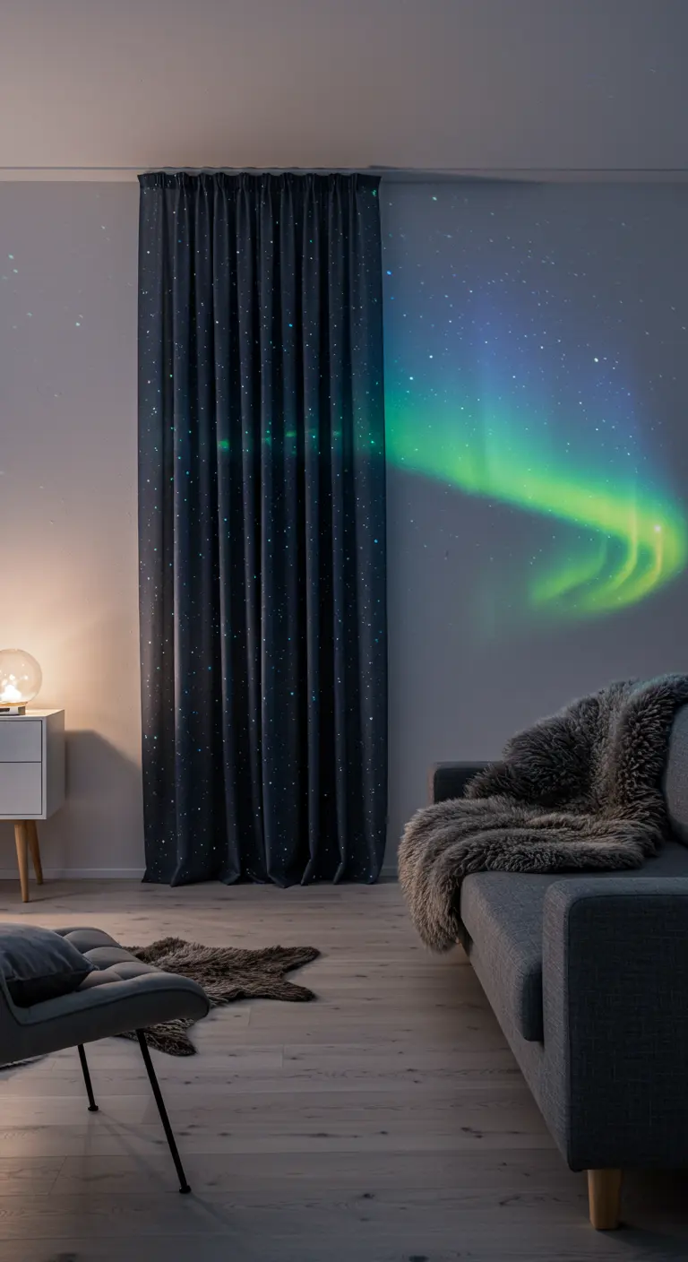 Cortinas oscuras con estrellas recortadas y una proyección de aurora boreal en la pared.