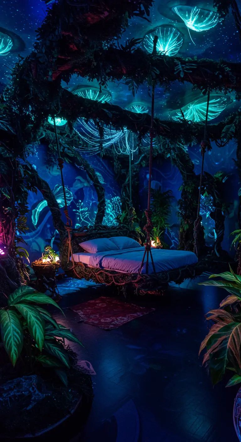 Dormitorio inmersivo que recrea un bosque bioluminiscente de Pandora, con cama colgante.