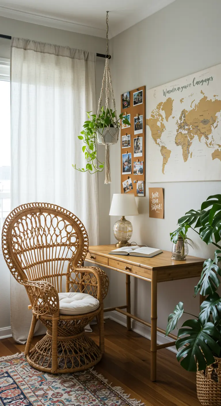 Rincón de estudio bohemio con silla de mimbre, mapa para rascar y plantas colgantes.
