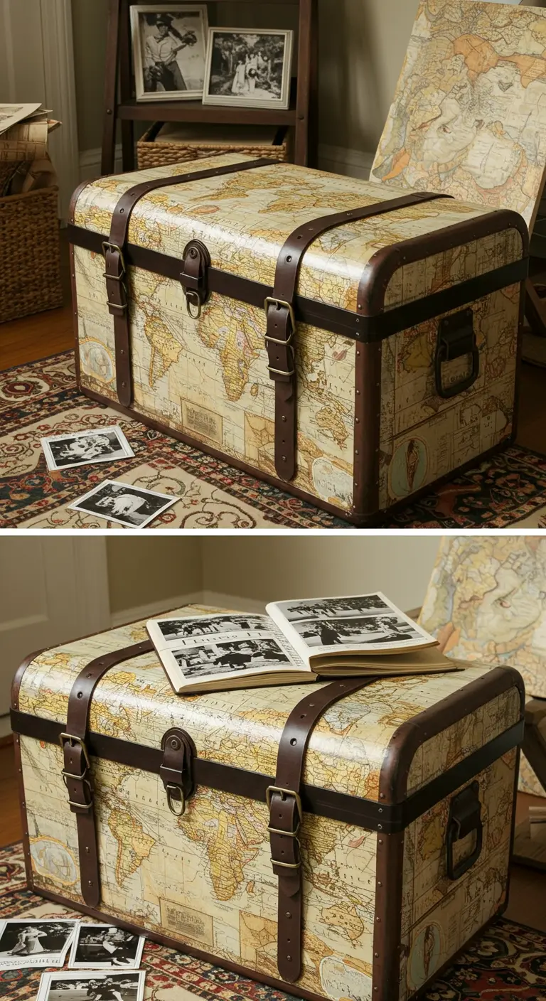 Baúl de viaje cubierto con mapas del mundo antiguos y correas de cuero marrón oscuro.
