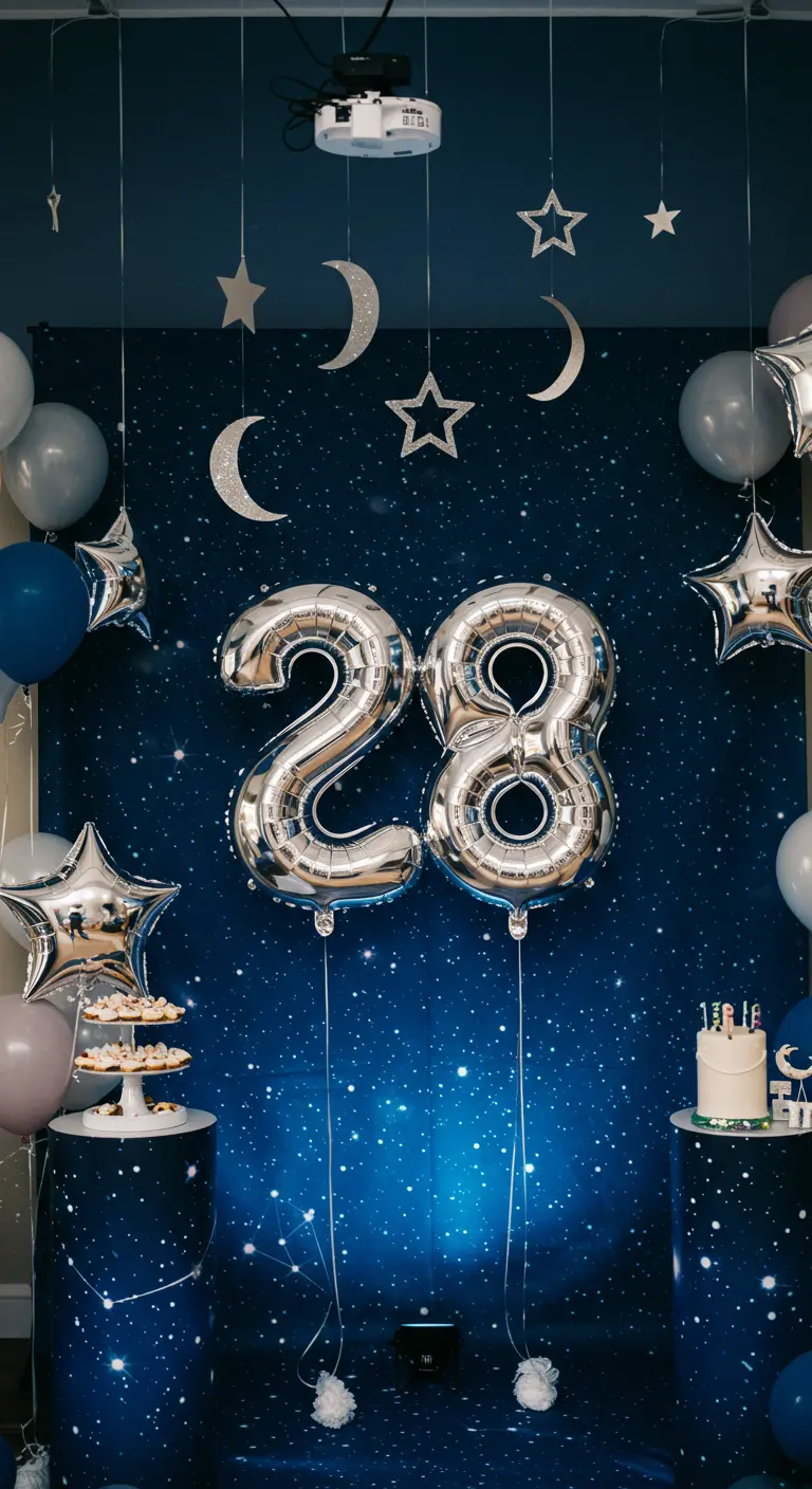 Fondo de galaxia con globos plateados del número 28 y estrellas y lunas colgantes.