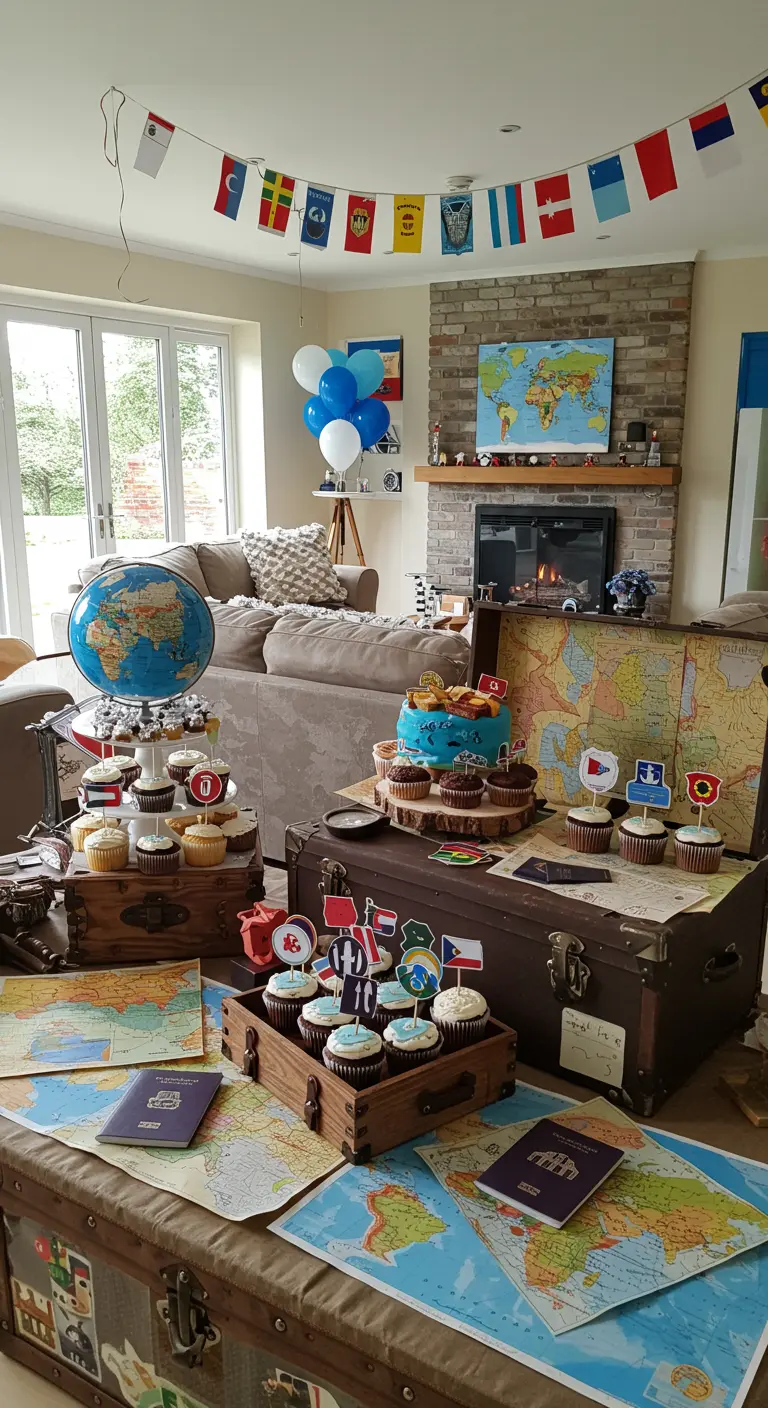 Fiesta temática de viajes con cupcakes decorados con banderas sobre maletas vintage.