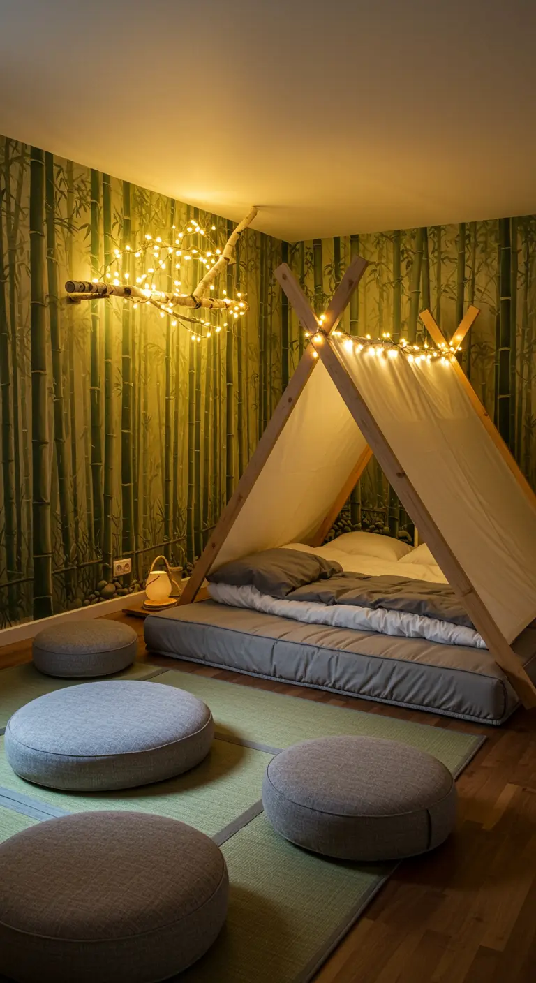 Habitación infantil con cama tipi, papel pintado de bambú y luces de hadas.