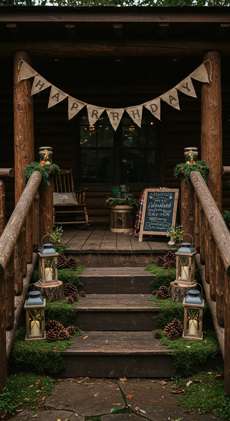 Porche de cabaña decorado con temática de bosque, banderín de arpillera y faroles.