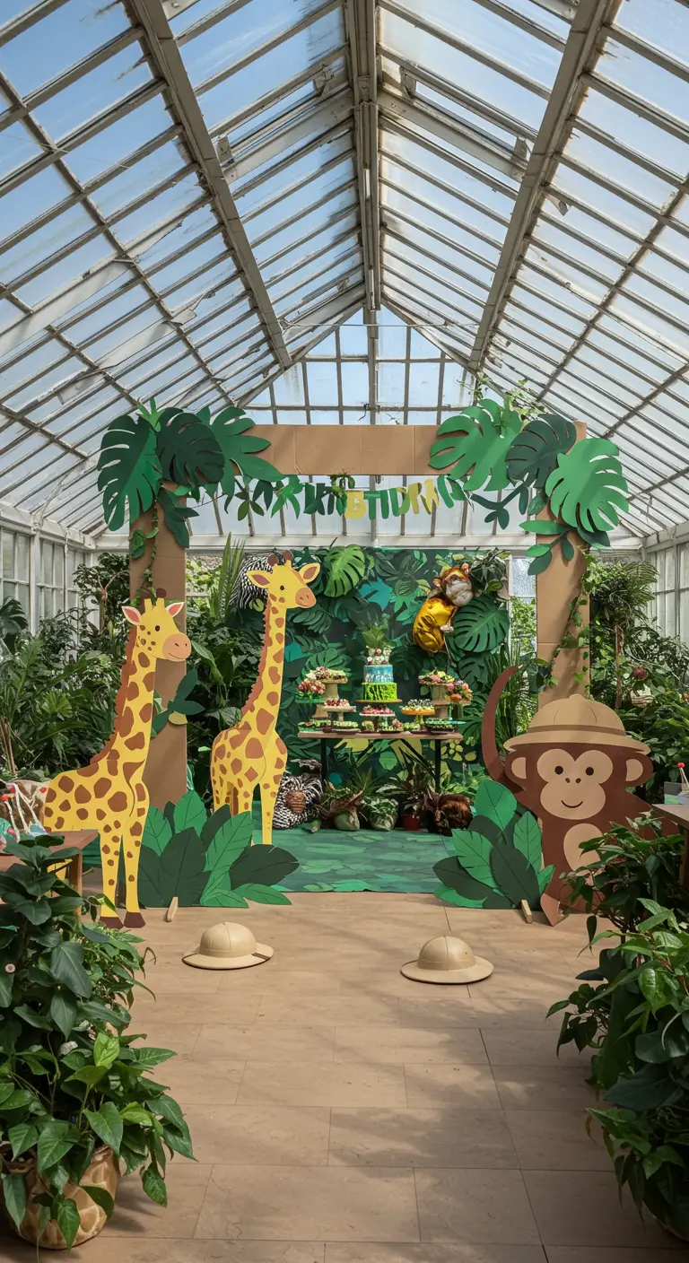 Photocall de cumpleaños con temática de safari y animales de cartón gigantes en un invernadero.