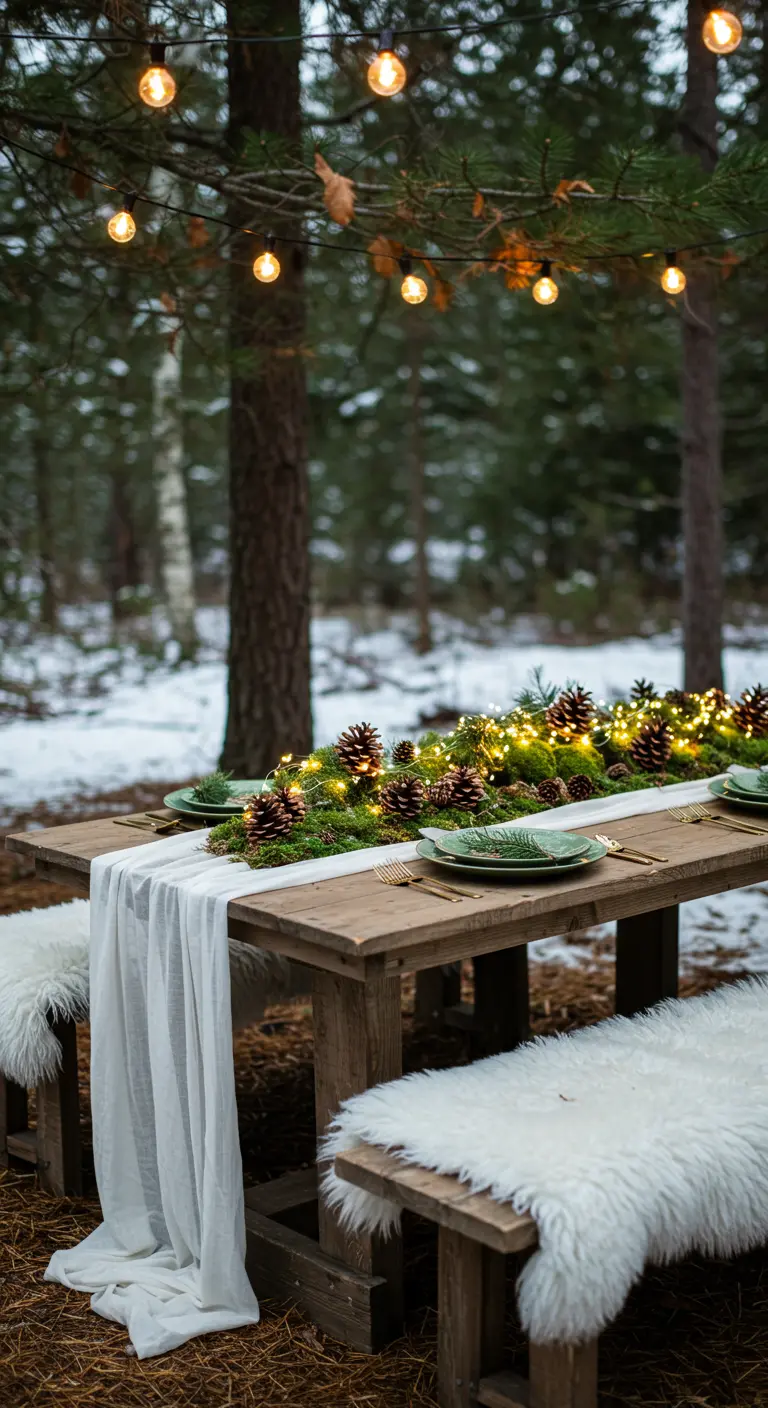 Mesa de picnic de madera en un bosque nevado, con mantas de piel y un centro de mesa iluminado.